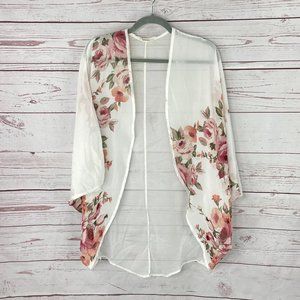 Adora Women's White Semi-Sheer Floral Print Short Sleeve Kimono Cardigan Size L